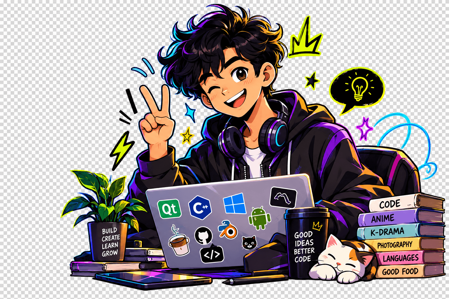 Neon coding creator with a cat and laptop