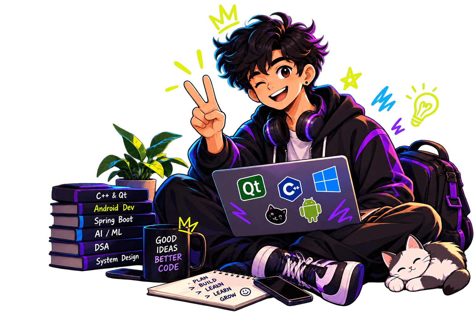 Anime developer coding with laptop, stickers, and coffee